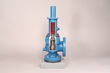 Blue pressure-relief valve cutaway model mounted on a gray base, showing internal spring, stem, and seating components.