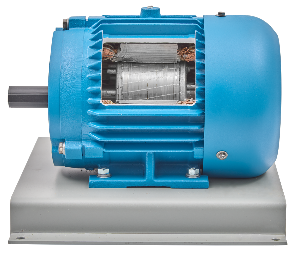 Blue industrial electric motor mounted on a gray base, showing the drive shaft on the left and exposed windings in the vented housing.