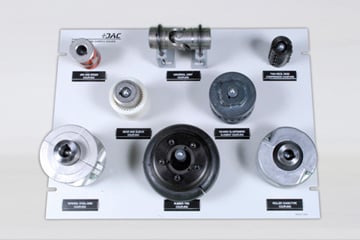 Display board showcasing labeled mechanical components including gears, couplings, and valves.