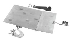 Metal two-panel platform with a central hinge, attached clamps, and a bundle of white cables at the left.