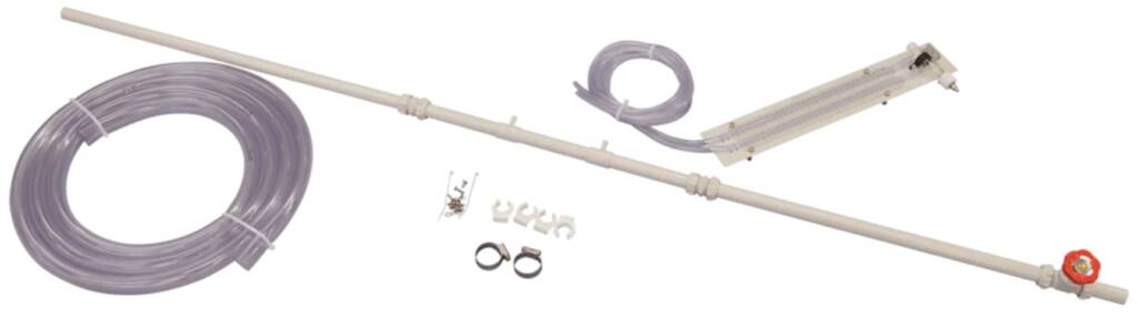 Water line installation kit with a long white pipe, red shut-off valve, clear tubing, and assorted mounting clamps and screws.