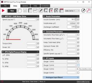 Software screenshot of a pump module interface showing parameter panels for Nozzle Parameters and Calculated Parameters.