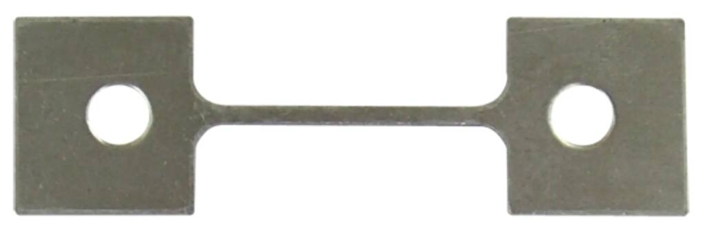 Flat metal connector with two square plates at ends, each with a circular hole, joined by a curved central bar.
