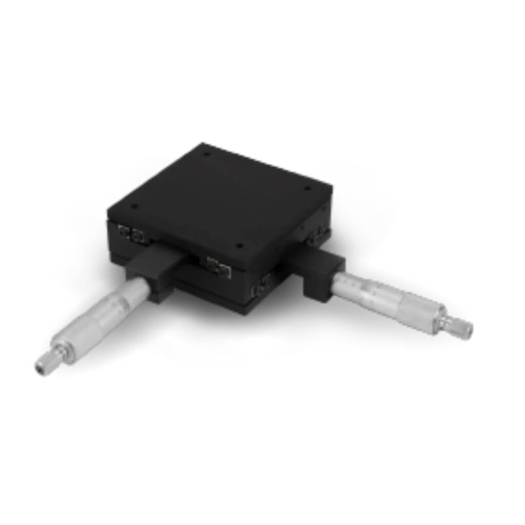 Black rectangular gearbox with dual silver output shafts extending left and right, mounted on a white background