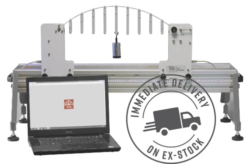 Tensile test rig with a laptop in front and metal frame, watermark 'On Ex-Stock' across the image.