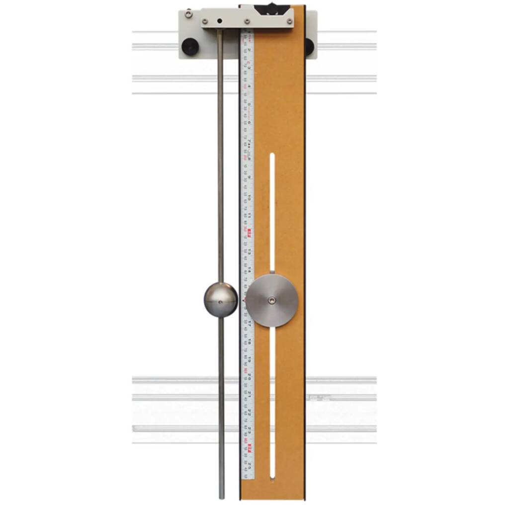 Vertical height gauge mounted on a wooden panel, featuring a numbered ruler, a sliding measurement carriage, and a metal rod with a weight at the end.